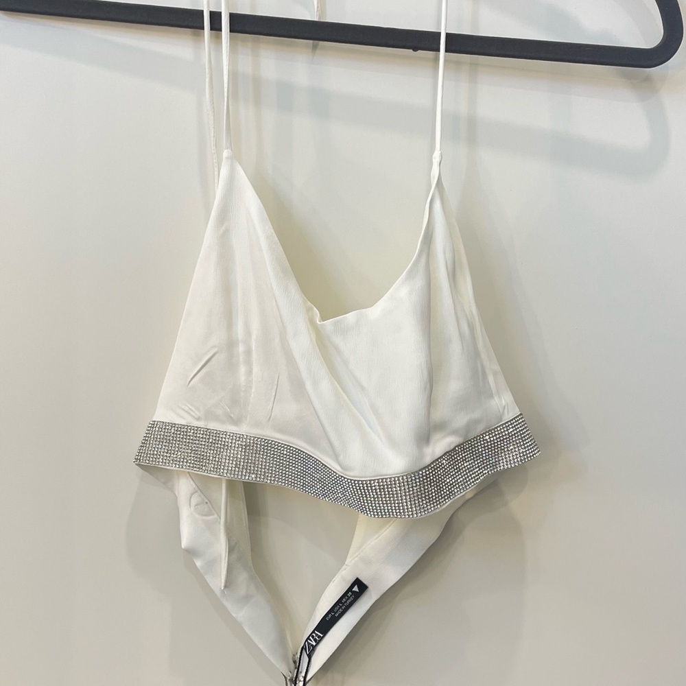 Zara White Crop Top with Silver Accents
